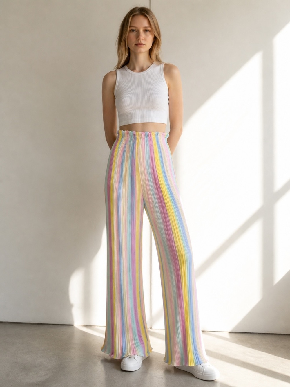 Goodtimeusa Rainbow Pleated Wide Leg Palazzo Pants Women Sz S Multicolor Summer